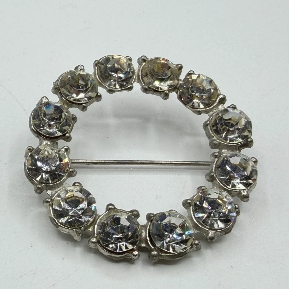 Clear Rhinestone Silver Tone Round Wreath Brooch Pin Bridal Statement Glam Gift